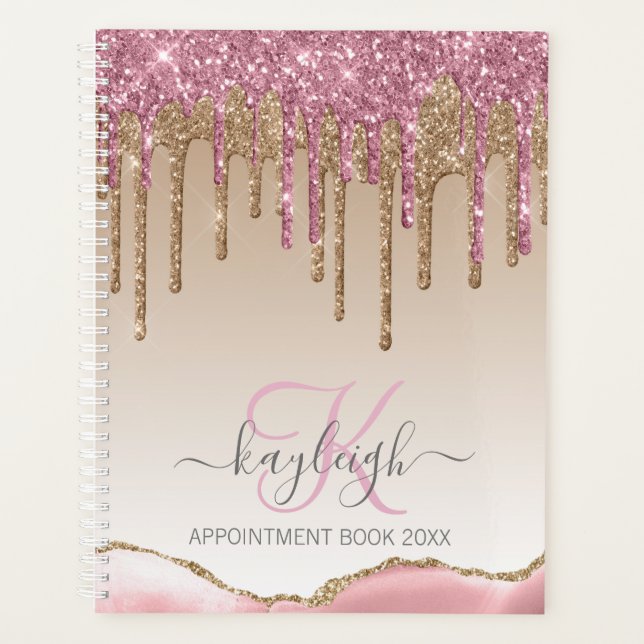 Girly Rose Gold Glitzer Tropfen Ombre Monogram 202 Planer (Vorderseite)