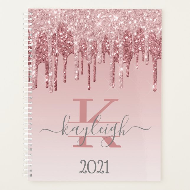 Girly Rose Gold Glitzer Tropfen Ombre Monogram 202 Planer (Vorderseite)