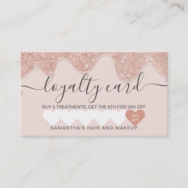 Girly Rose Gold Glitzer Tropfen Rosa Make-up Treuekarte (Vorderseite)
