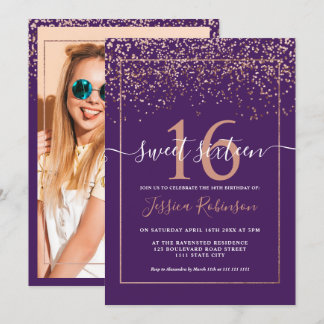 Girly Rose gold Konfetti lila Chic Sweet 16 Einladung