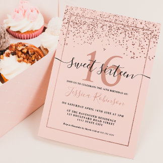 Girly Rose gold Konfetti rot Rosa Chic Sweet 16 Einladung