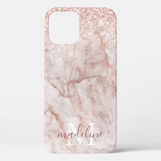 Girly Rose Gold Marble Glitzer Mit Monogramm Name Case-Mate iPhone Hülle (Rückseite)