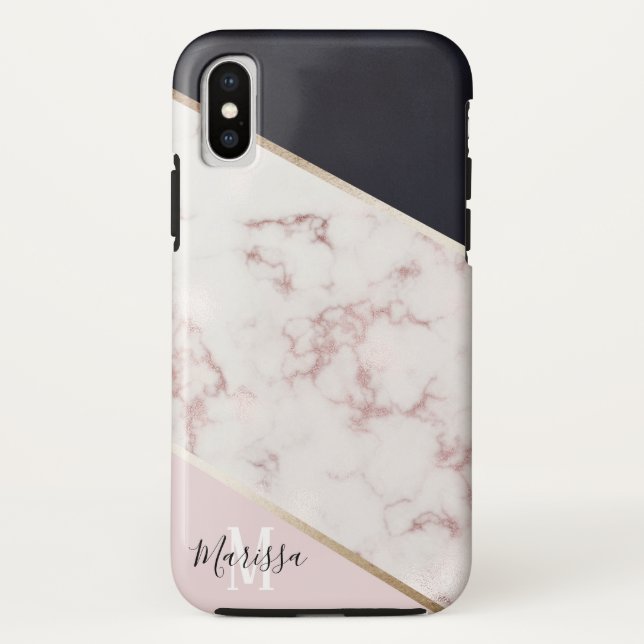 Girly Rose Gold Marmor Abstrakt Monogram Case-Mate iPhone Hülle (Rückseite)