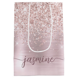 Girly Rose Gold Rouge Glitter Monogramm Name Schri Mittlere Geschenktüte