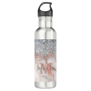 Girly Rose Gold Silver Marmor Mit Monogramm Name Edelstahlflasche