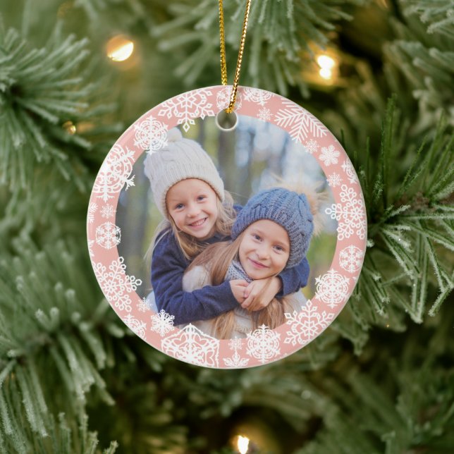 Girly Rose Gold Snowflake Merry und Helles Foto Keramik Ornament (Baum)