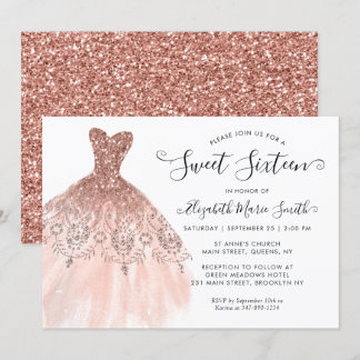Girly Rose Gold Sparkle Dress Sweet 16. Geburtstag Einladung