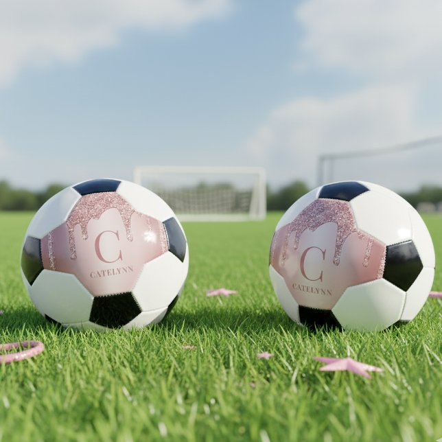 Girly Rose Gold Sparkle Dripping Glitter Monogram Fußball (Girly Rose Gold Sparkle Dripping Glitter Monogram Soccer Ball)