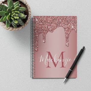 Girly Rose Gold Sparkle Glitter Drips Monogram Notizblock
