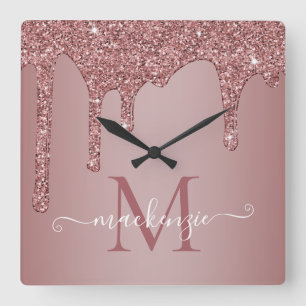 Girly Rose Gold Sparkle Glitter Drips Monogram Quadratische Wanduhr