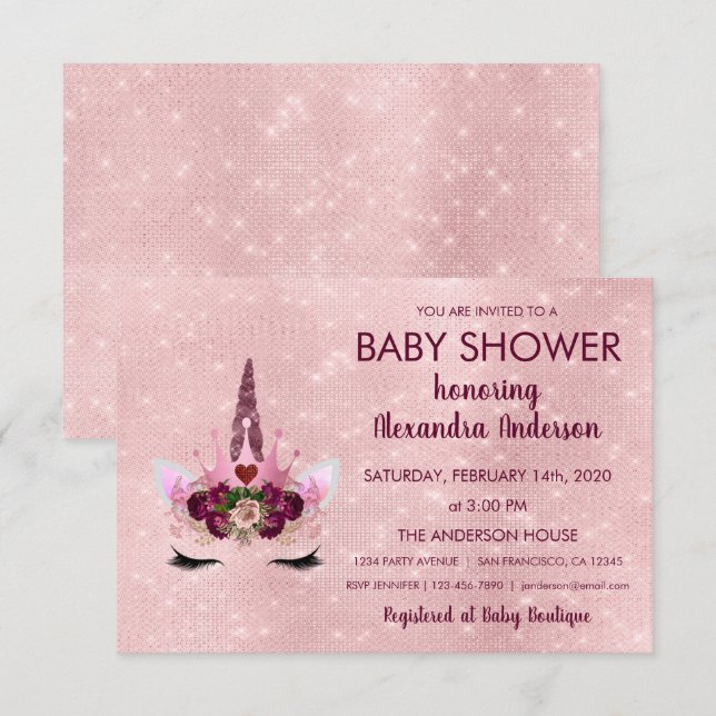 Girly Rose Gold Sparkle Unicorn Kinderdusche Einladung (Vorne/Hinten)