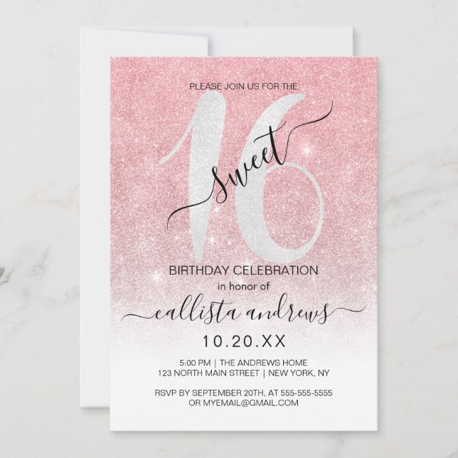 Girly Rose Gold White Glitzer Ombre Sweet 16 Einladung (Vorderseite)