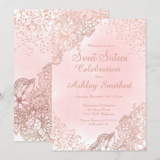 Girly Rose Goldblume Glitzer Konfetti Süß 16 Einladung