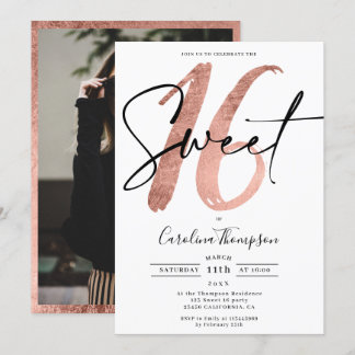 Girly Rose Goldrand Drehbuch Foto Sweet 16 Einladung