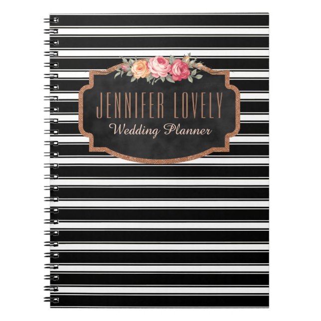 Girly Rosen-Gold B&W Stripes | Ihr Namensmonogramm Notizblock (Vorderseite)