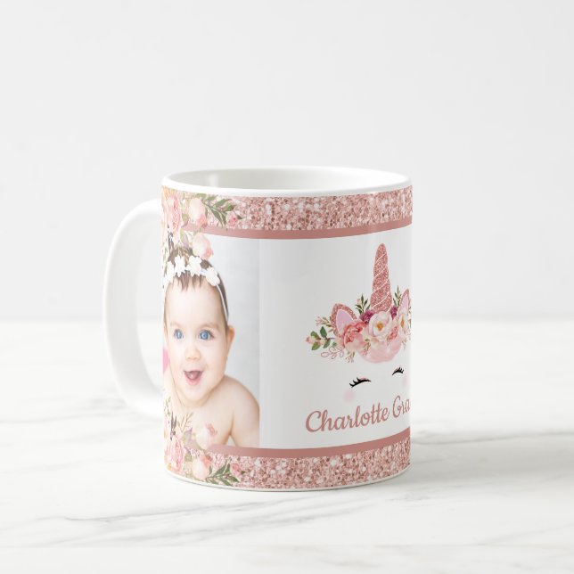 Girly Rosen-GoldblumenUnicorn Kaffeetasse (Vorderseite Links)