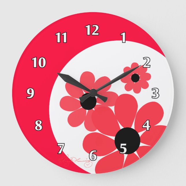 Girly rote Gänseblümchen Große Wanduhr (Vorderseite)