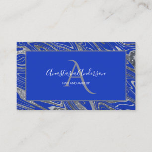 Girly Royal Blue Silver Glitzer Monogramm Visitenkarte