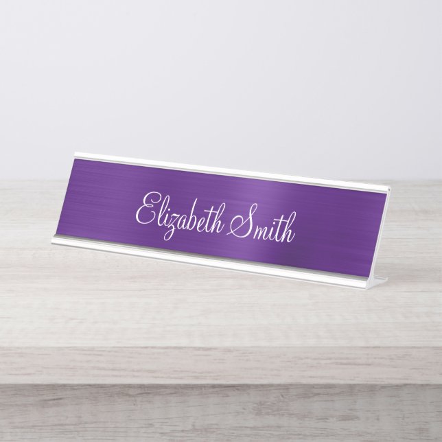Girly Royal Purple Metallic Foil Schreibtischnamensplakette (Vorderseite )