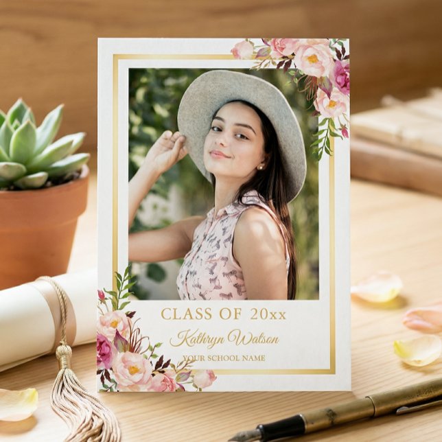 Girly Rustic Floral Gold Foto Graduation Party Einladung (Von Creator hochgeladen)