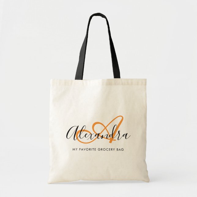 Girly Saffron Orange Elegante Script Name Monogram Tragetasche (Vorne)