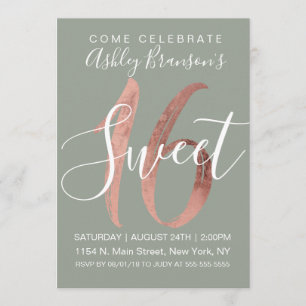Girly Sage Green Rose Gold Foil Sweet 16 Einladung