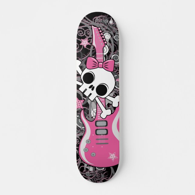 Girly Schädel mit rosa Gitarre Skateboard (Vorne)