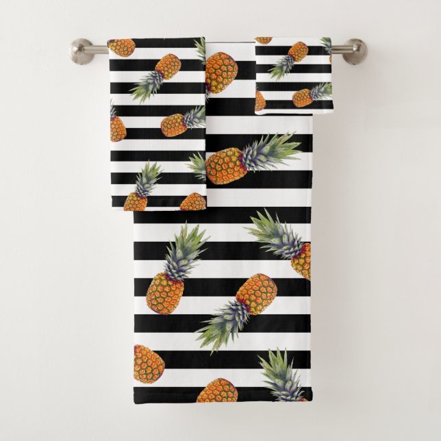 Girly Schwarzes des Sommer-Ananas-Muster-| Striped Badhandtuch Set (Insitu)