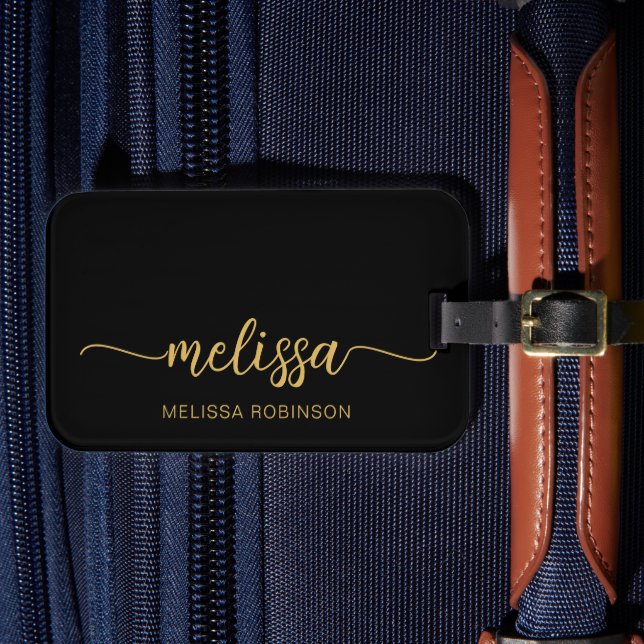 Girly Schwarzes Gold Monogramm Namens Unterschrift Gepäckanhänger (Vorderseite Insitu 4)