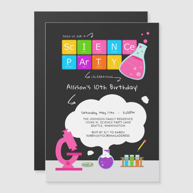 Girly Science Party Magneteinladung (Vorne/Hinten)