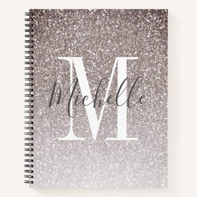 Girly Script Gray Glitzer Glitzern Monogram Name Notizbuch (Vorderseite)