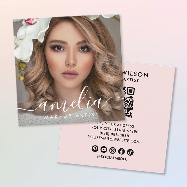 Girly Script QR-Code Foto Quadratisch Rosenrot Quadratische Visitenkarte (Von Creator hochgeladen)