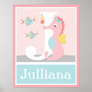 Girly Sea Ocean Life Pink Seepferd Initial Poster