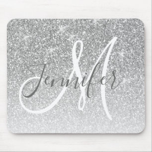 Girly Silber Glitter Funkeln Grau Monogramm Name Mousepad