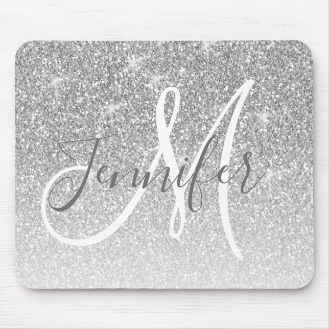 Girly Silber Glitter Funkeln Grau Monogramm Name Mousepad (Vorne)