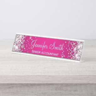 Girly Silber Glitter Hot Pink Verlauf Schreibtischnamensplakette