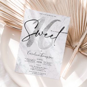 Girly silber Grenze Marmorskript Foto Sweet 16 Einladung
