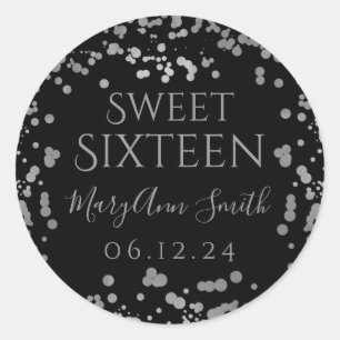 Girly Silver Foil Confetti 16 . Geburtstag Black Runder Aufkleber