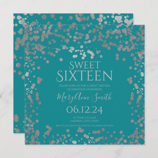 Girly Silver Foil Confetti Sweet 16 Aquamarin einl Dankeskarte (Vorne/Hinten)