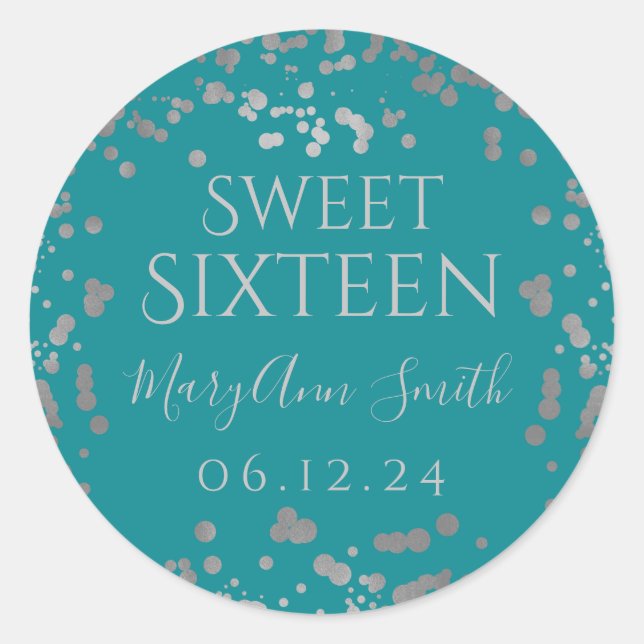 Girly Silver Foil Confetti Sweet Sixteen Teal Runder Aufkleber (Vorderseite)