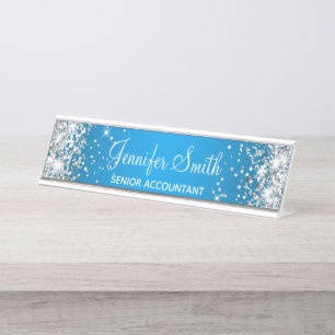 Girly Silver Glitzer Azure Gradient Schreibtischnamensplakette