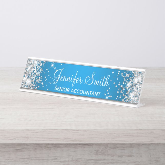 Girly Silver Glitzer Azure Gradient Schreibtischnamensplakette (Vorderseite )