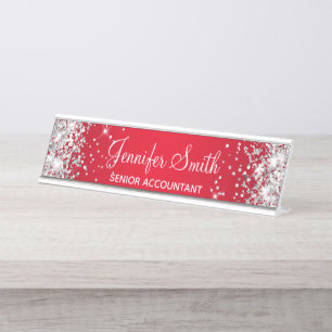 Girly Silver Glitzer Bright Red Gradient Schreibtischnamensplakette