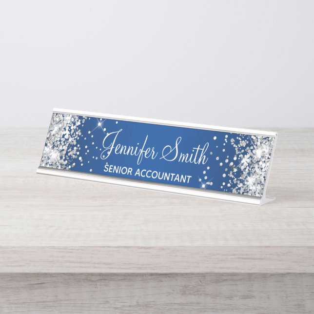 Girly Silver Glitzer Deep Blue Gradient Schreibtischnamensplakette (Vorderseite )