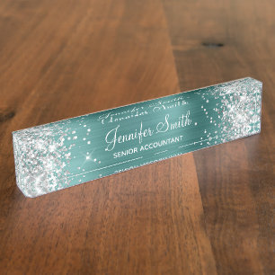 Girly Silver Glitzer Imitate Aqua Aquamarin Fossil Namensplakette