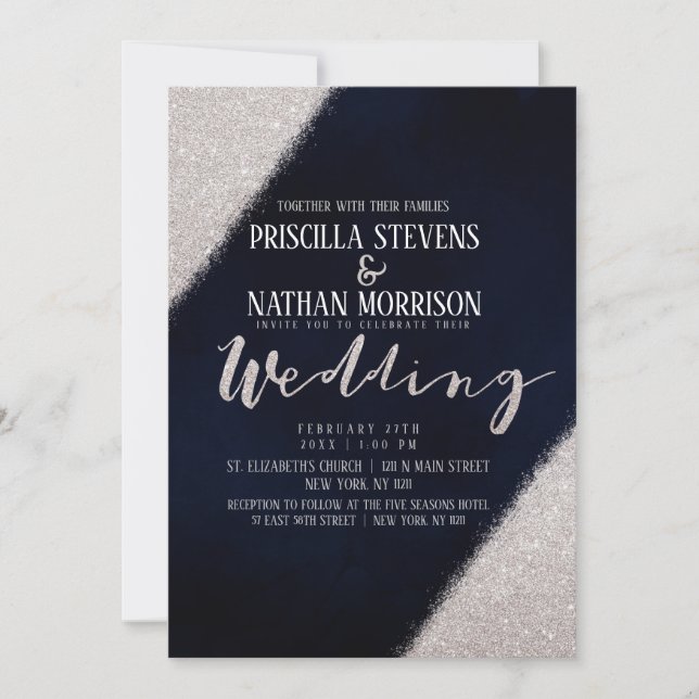 Girly Silver Glitzer Navy Blue Watercolor Wedding Einladung (Vorderseite)