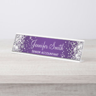 Girly Silver Glitzer Royal Lila Gradient Schreibtischnamensplakette