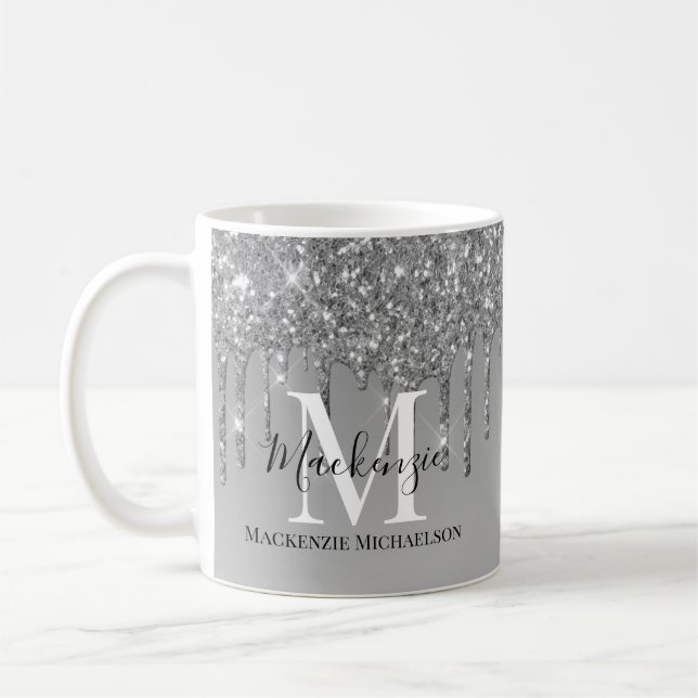 Girly Silver Gray Glitzer Monogram Name Kaffeetasse (Links)