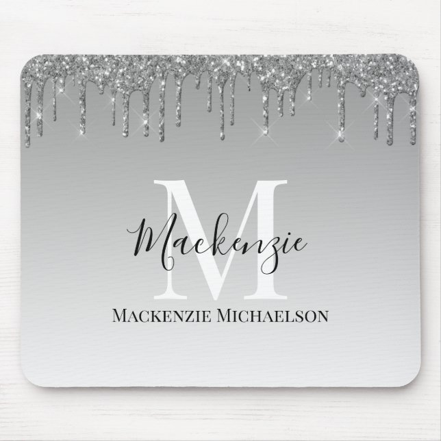 Girly Silver Gray Glitzer Monogram Name Mousepad (Vorne)