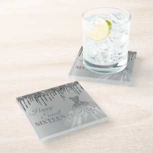 Girly Silver Sweet 16 Birthday Ball Gown Tropfen Glasuntersetzer